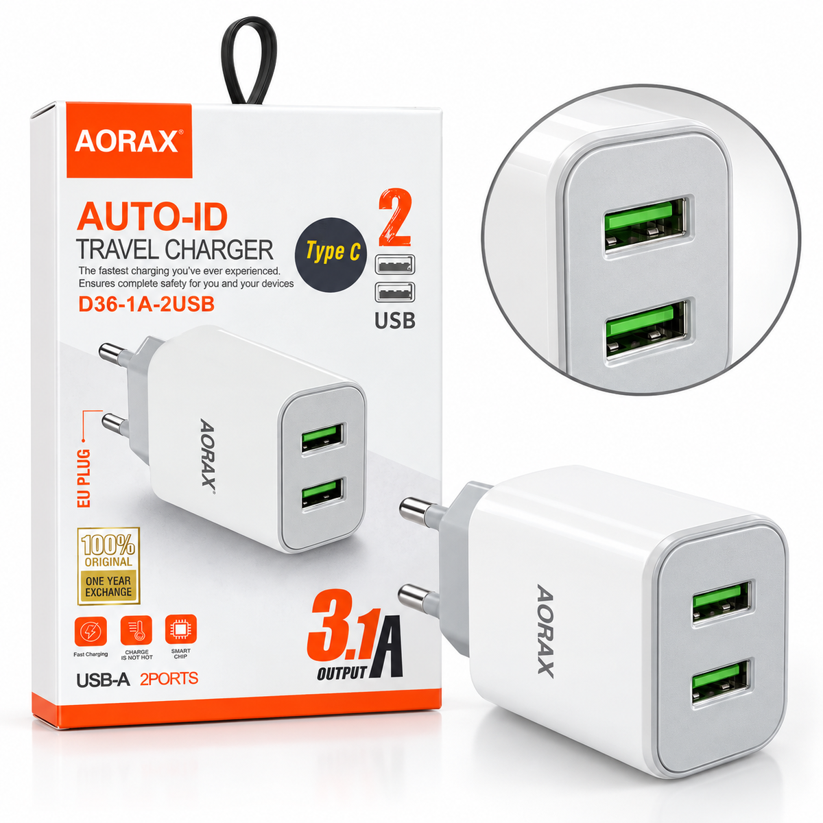 AORAX D36 Dual-USB Charger with USB-C Cable