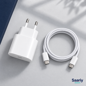 باندل Apple 20W | شاحن بفيشة ثنائية + كابل USB-C — لقطة من الأعلى