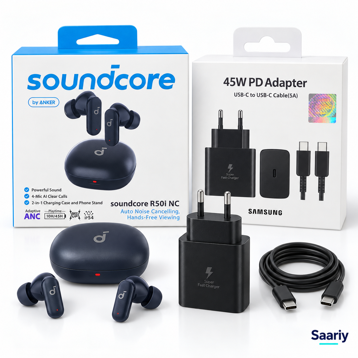 باندل العزل والشحن | Soundcore R50i NC + Samsung 45W — المنتجات مع العلب